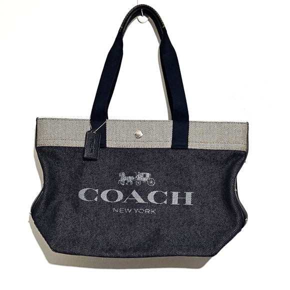Coach Tote Horse And Carriage Dark Blue And Off White Leather Straps Retail $499 - Picture 1 of 12